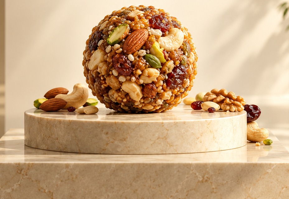 Dry fruit laddu presented on a stone pedestal